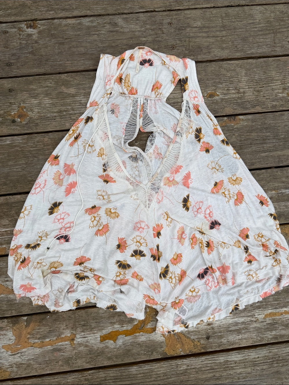 Free People White Floral Halter Cami with Peach & Gold Accents